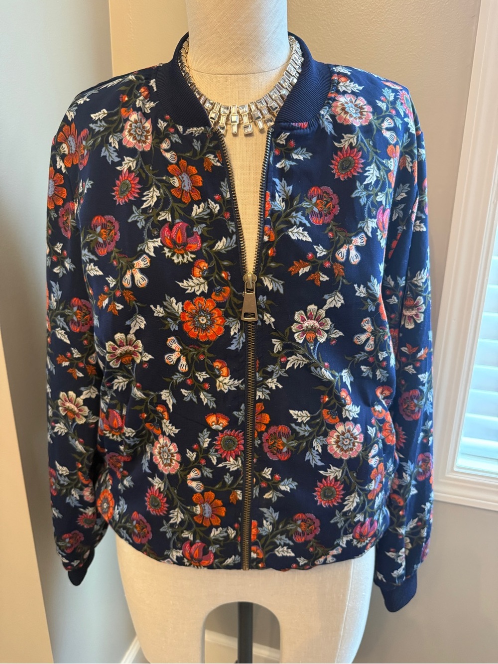 Love Tree Navy Floral Bomber Jacket with Red & Pink Flowers